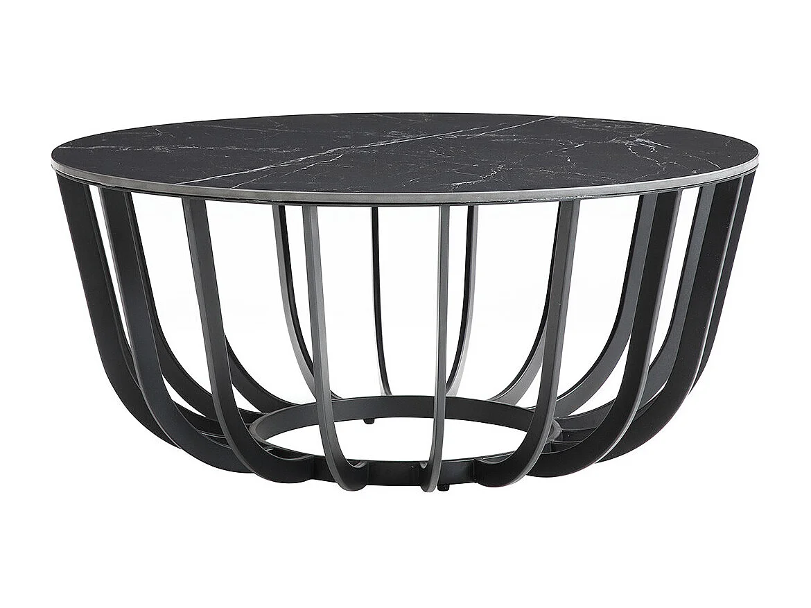 KLODIE - Table Basse Ronde Plateau Céramique Marbré Cadre Métal Gris Anthracite