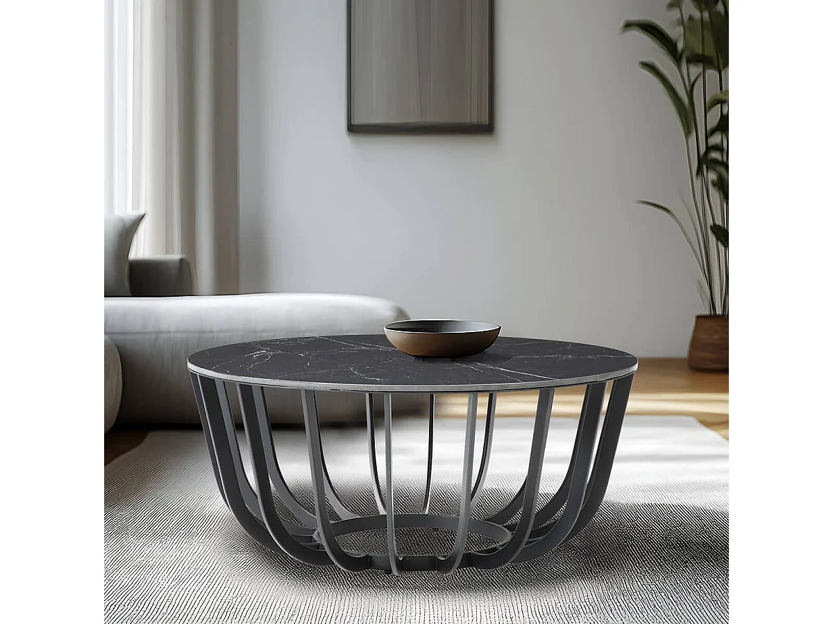 KLODIE - Table Basse Ronde Plateau Céramique Marbré Cadre Métal Gris Anthracite