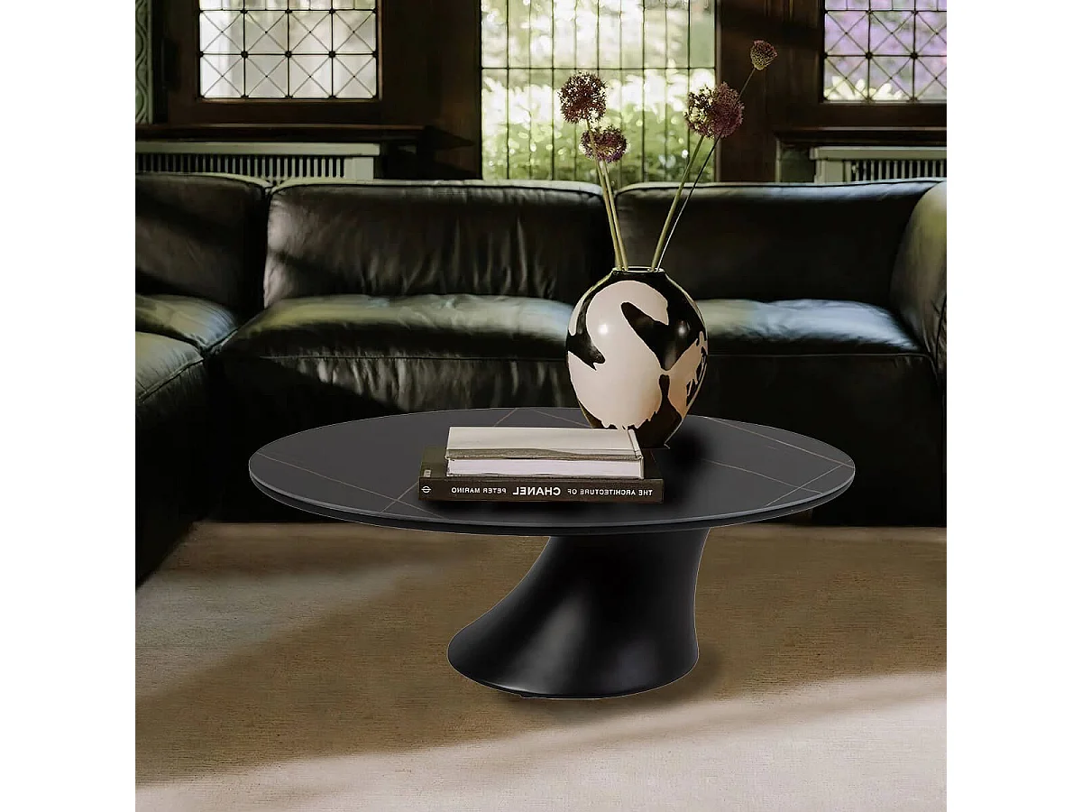 MAALA - Table Basse Noire Plateau Céramique Marbré Pied en ABS