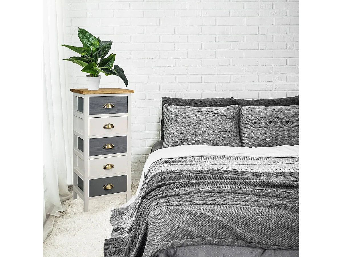 PATTY - Meuble de Rangement 5 Tiroirs en Pin Teinté Gris et Blanc Plateau Naturel