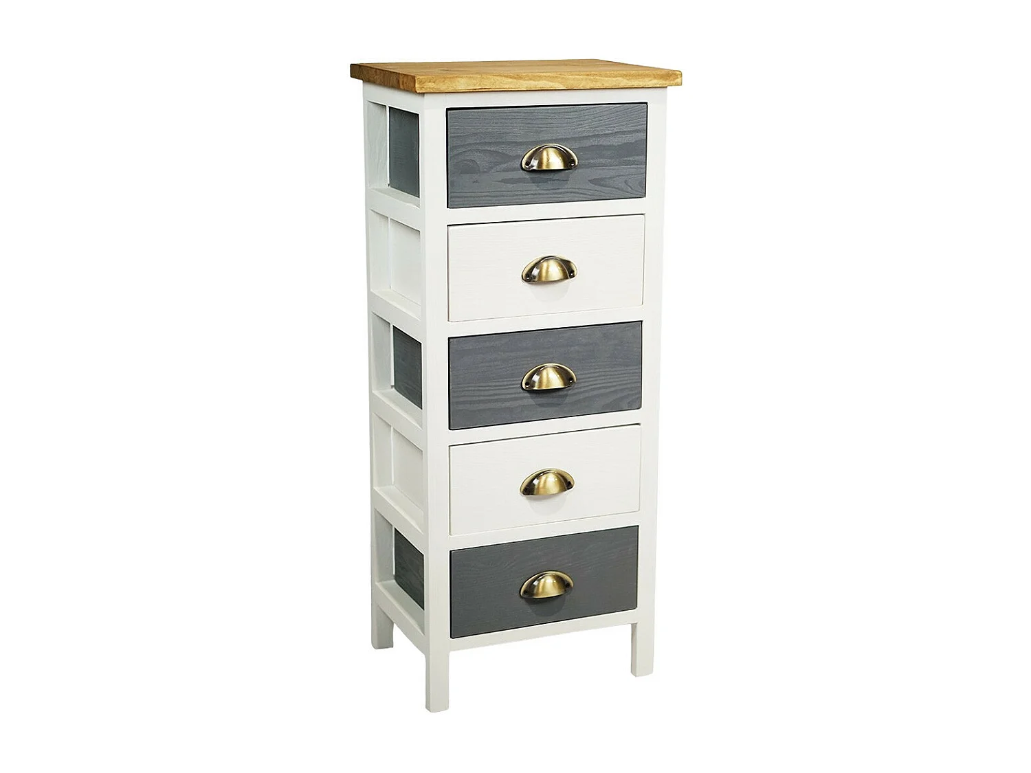 PATTY - Meuble de Rangement 5 Tiroirs en Pin Teinté Gris et Blanc Plateau Naturel