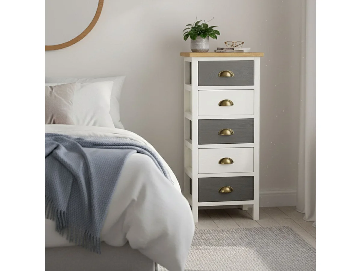 PATTY - Meuble de Rangement 5 Tiroirs en Pin Teinté Gris et Blanc Plateau Naturel