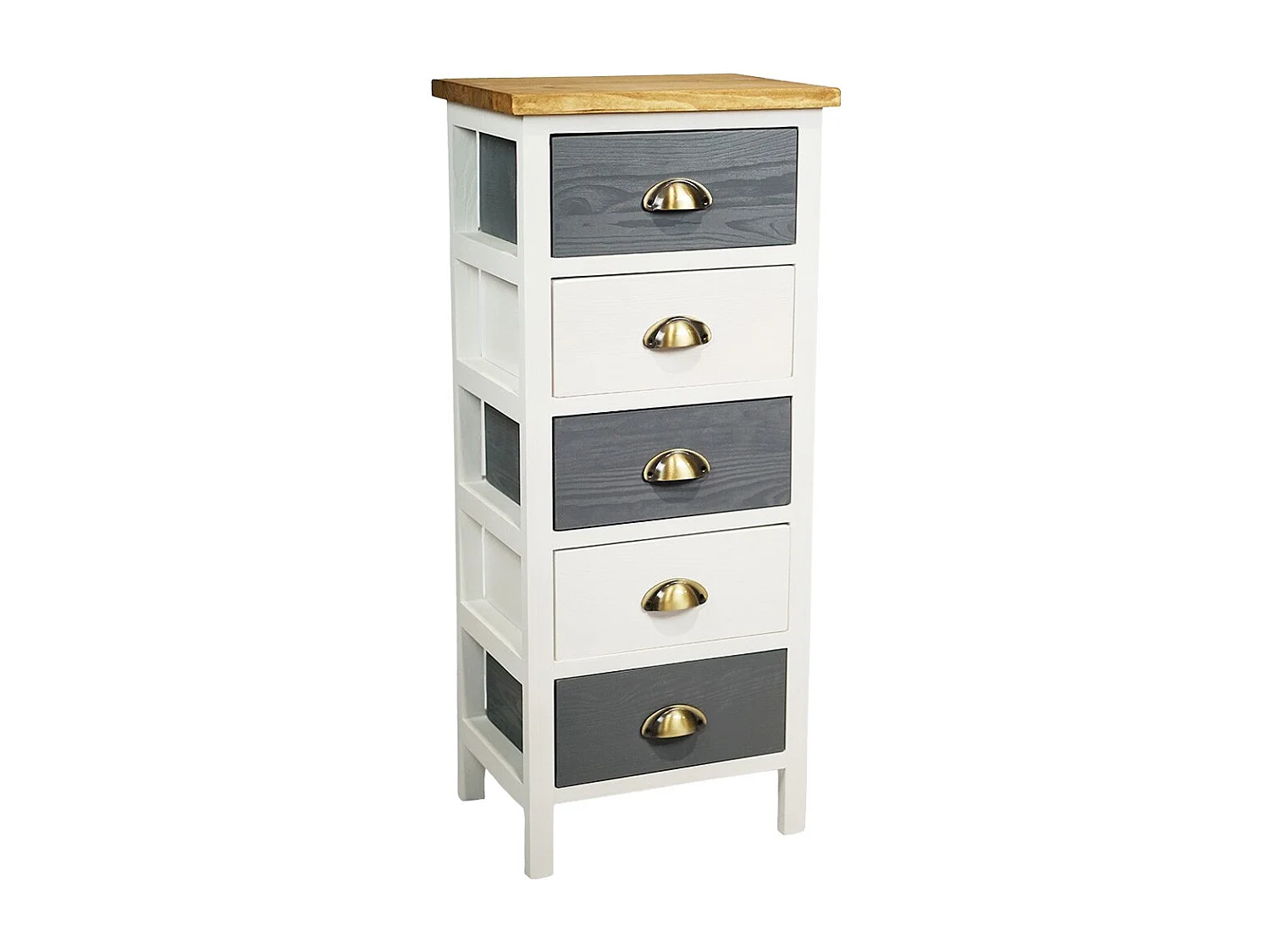 PATTY - Meuble de Rangement 5 Tiroirs en Pin Teinté Gris et Blanc Plateau Naturel