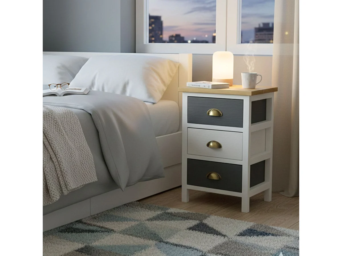 PATTY - Meuble de Rangement 5 Tiroirs en Pin Teinté Gris et Blanc Plateau Naturel