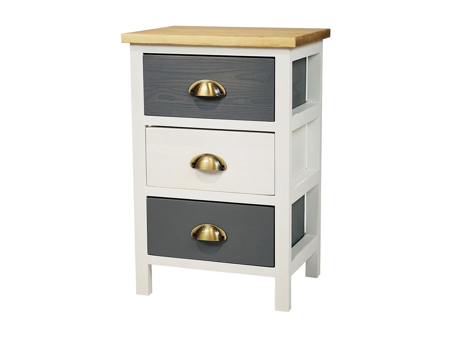 PATTY - Meuble de Rangement 5 Tiroirs en Pin Teinté Gris et Blanc Plateau Naturel