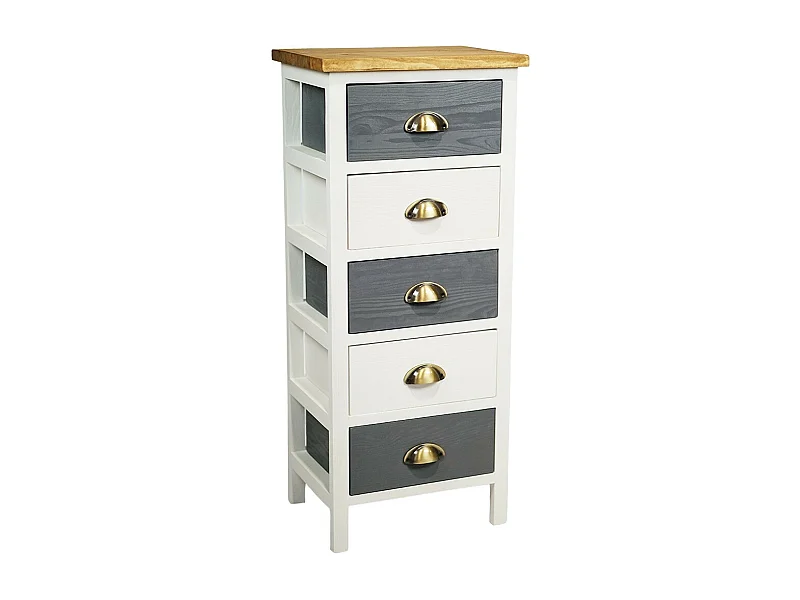 PATTY - Meuble de Rangement 5 Tiroirs en Pin Teinté Gris et Blanc Plateau Naturel