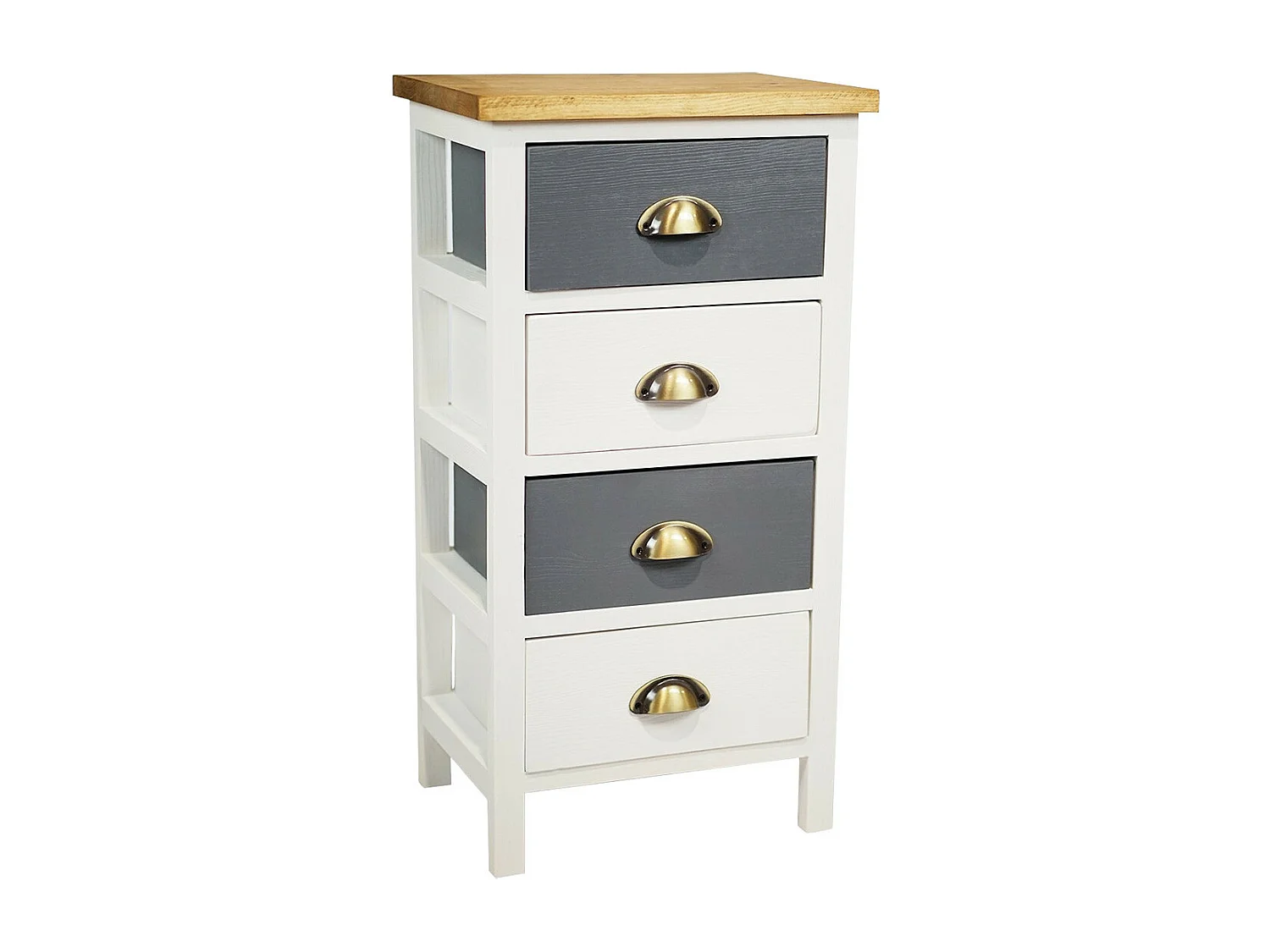 PATTY - Meuble de Rangement 4 Tiroirs en Pin Teinté Gris et Blanc Plateau Naturel