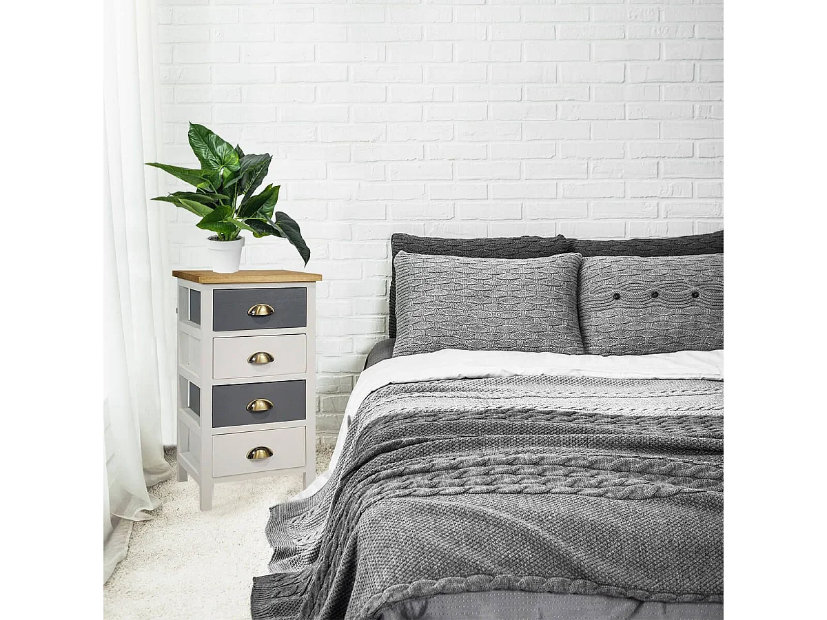 PATTY - Meuble de Rangement 4 Tiroirs en Pin Teinté Gris et Blanc Plateau Naturel