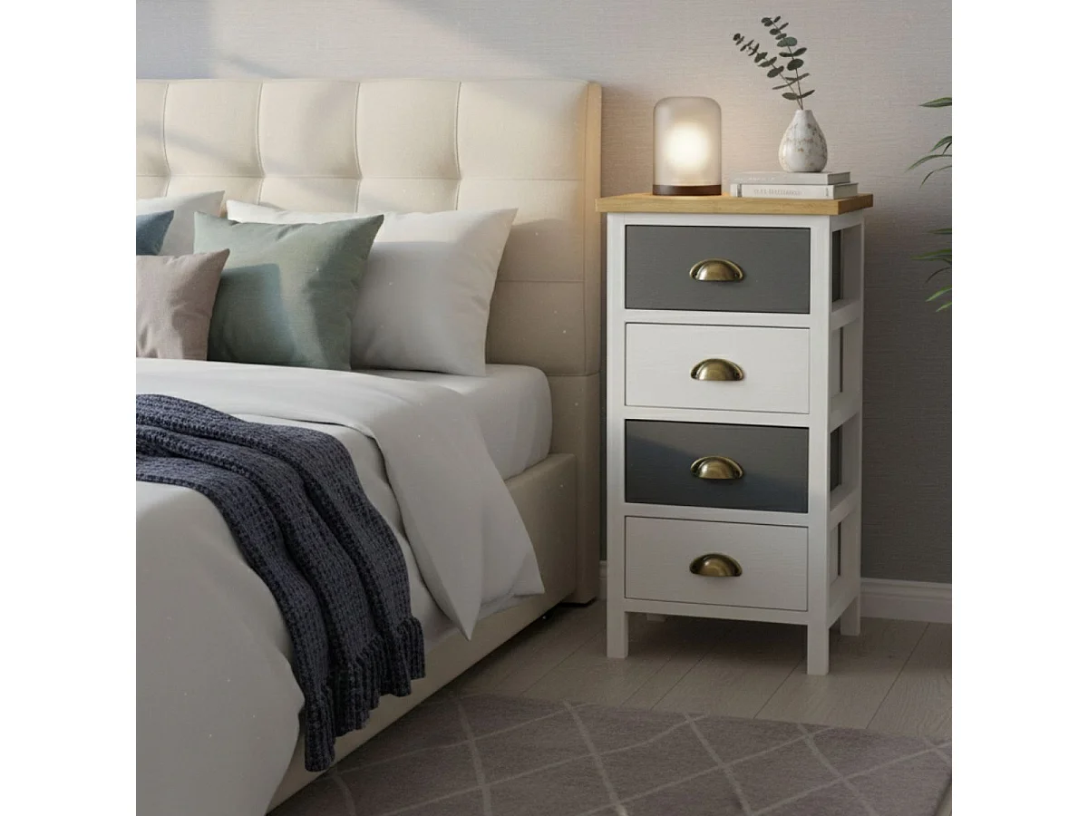 PATTY - Meuble de Rangement 4 Tiroirs en Pin Teinté Gris et Blanc Plateau Naturel