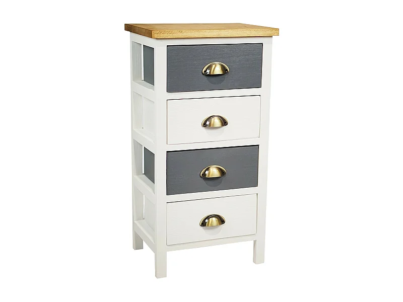 PATTY - Meuble de Rangement 4 Tiroirs en Pin Teinté Gris et Blanc Plateau Naturel