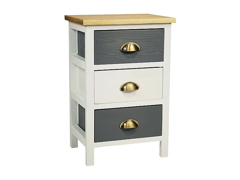 PATTY - Meuble de Rangement 3 Tiroirs en Pin Teinté Gris et Blanc Plateau Naturel