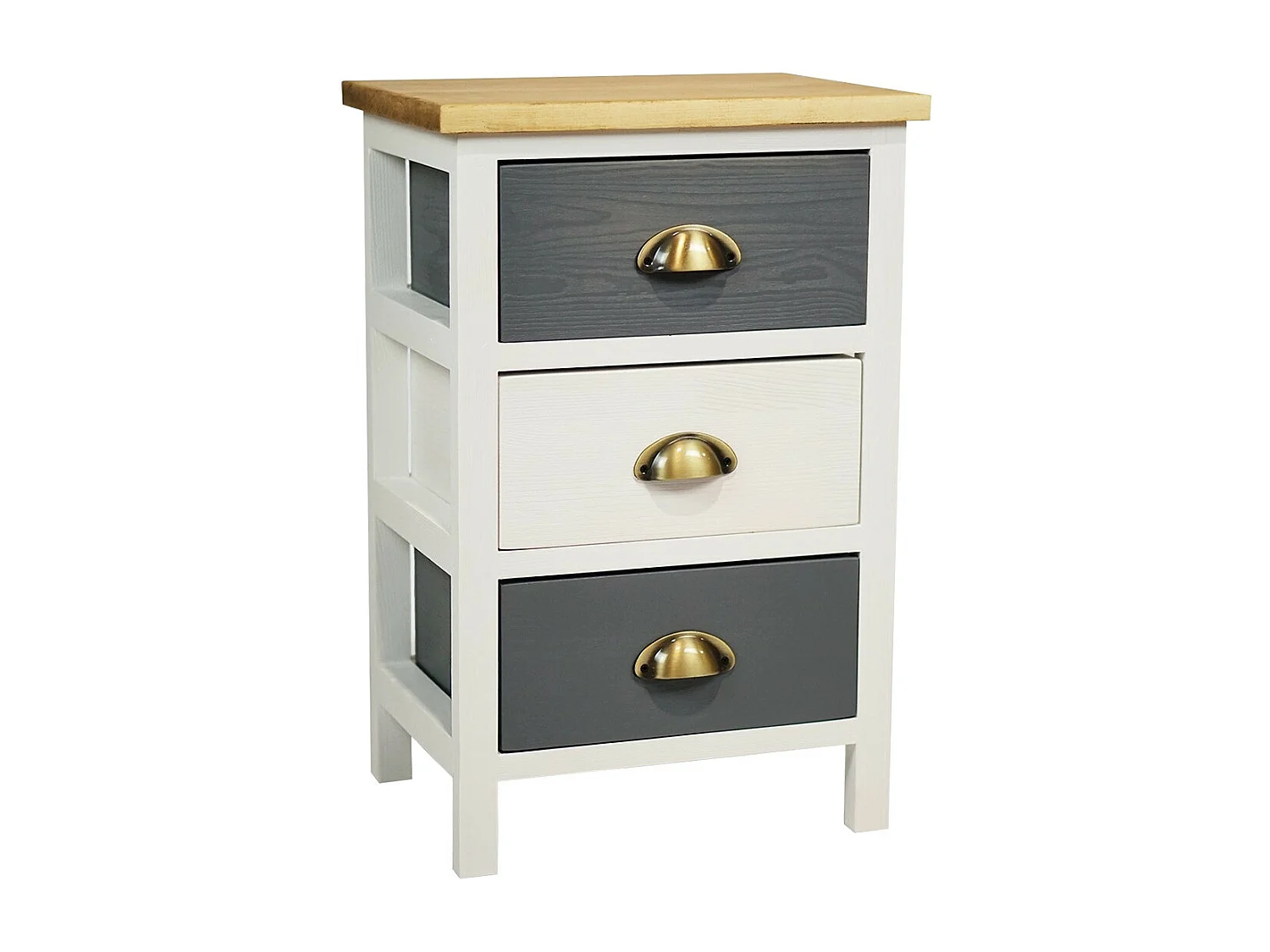 PATTY - Meuble de Rangement 3 Tiroirs en Pin Teinté Gris et Blanc Plateau Naturel