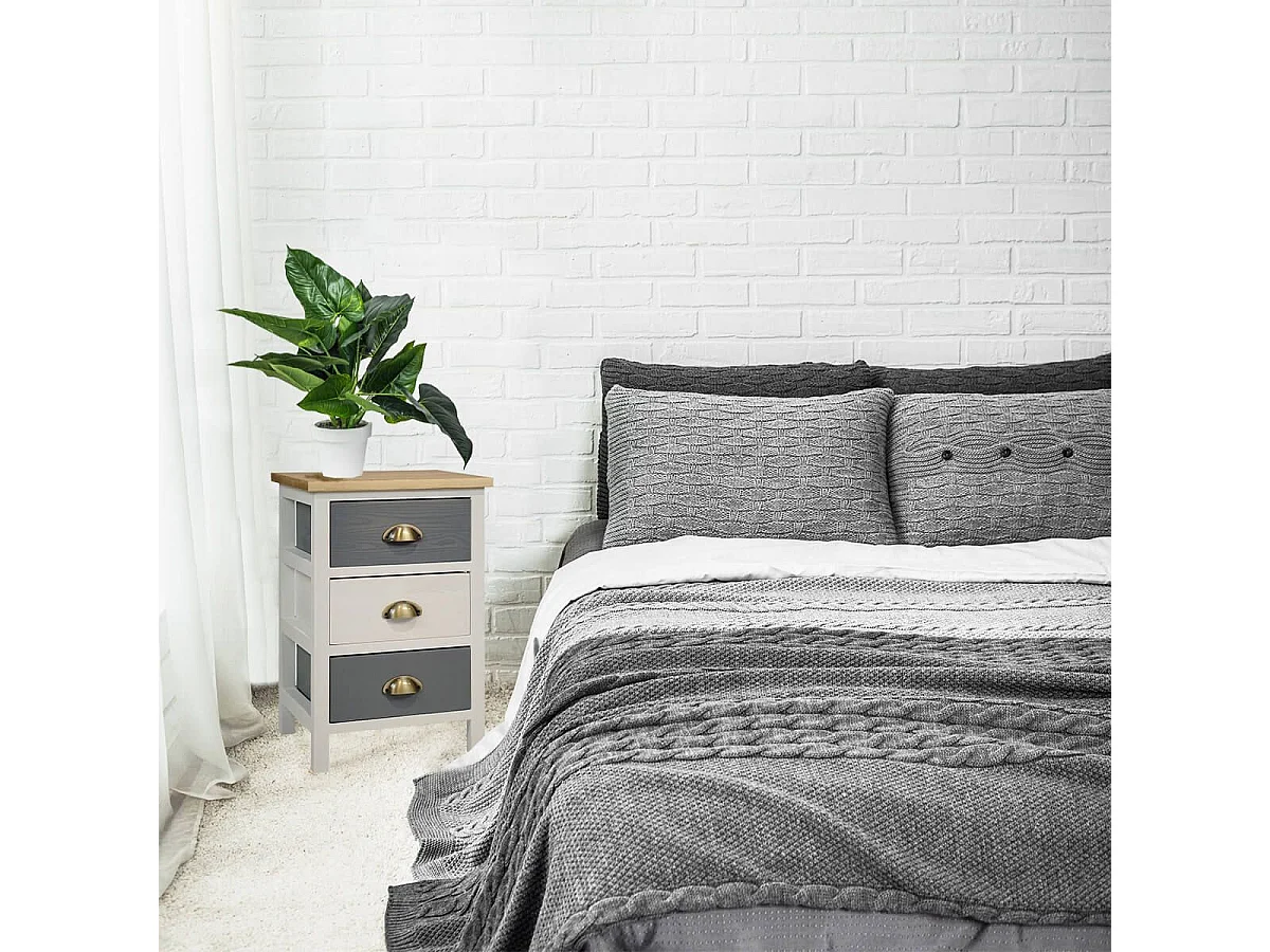 PATTY - Meuble de Rangement 3 Tiroirs en Pin Teinté Gris et Blanc Plateau Naturel