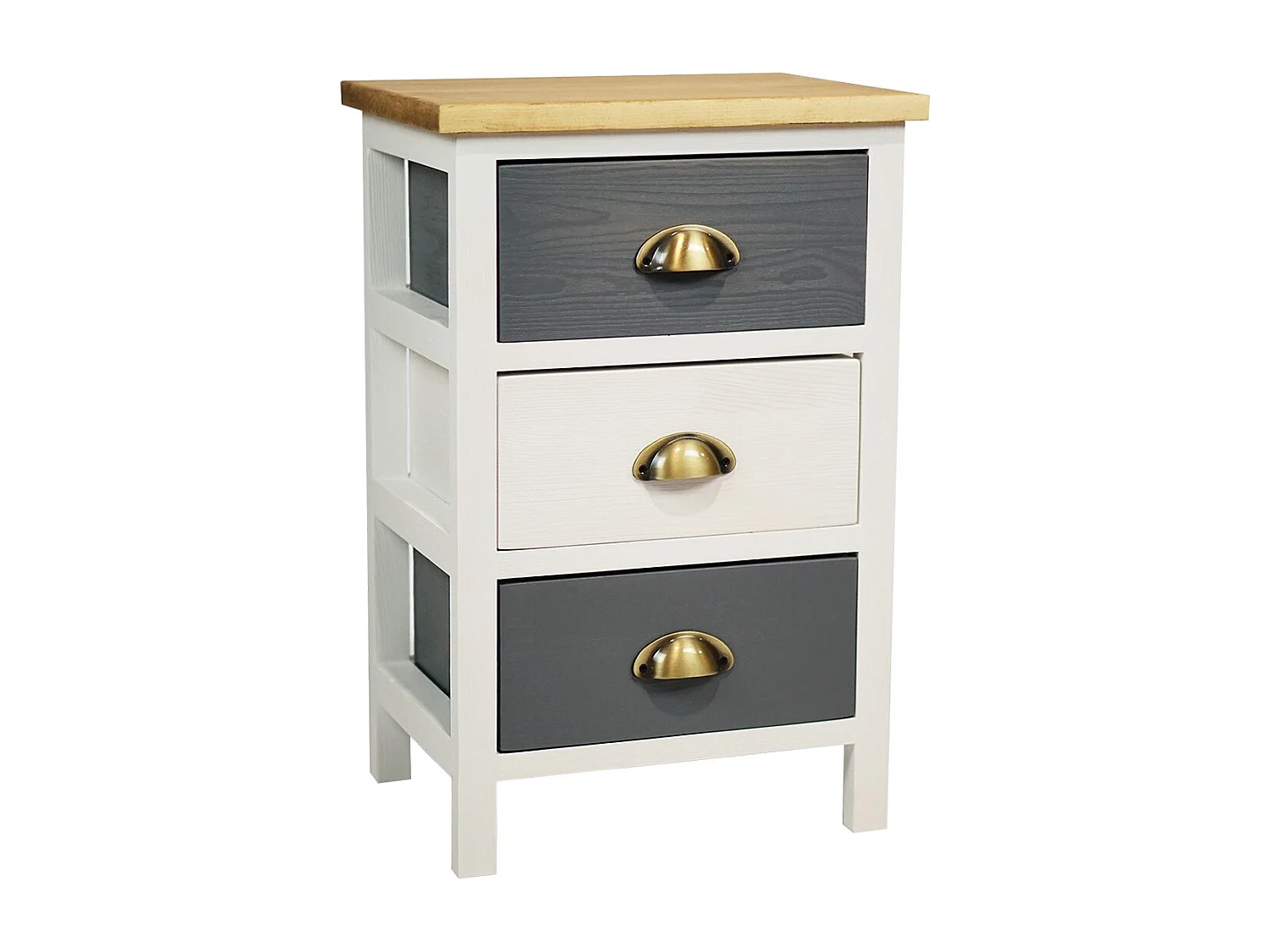 PATTY - Meuble de Rangement 3 Tiroirs en Pin Teinté Gris et Blanc Plateau Naturel