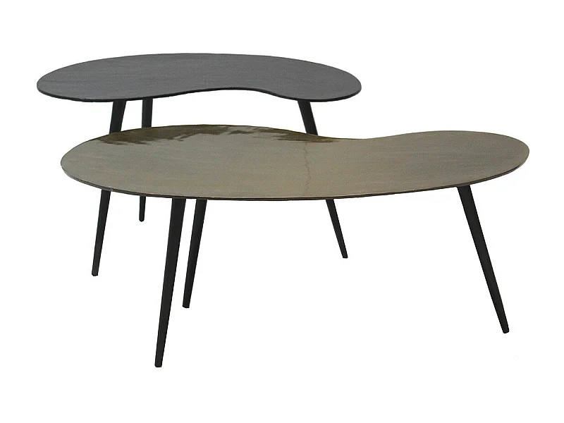 JACK - Lot de 2 Tables Basses Plateau en Aluminium Noir et Doré Pieds en Acier Noir