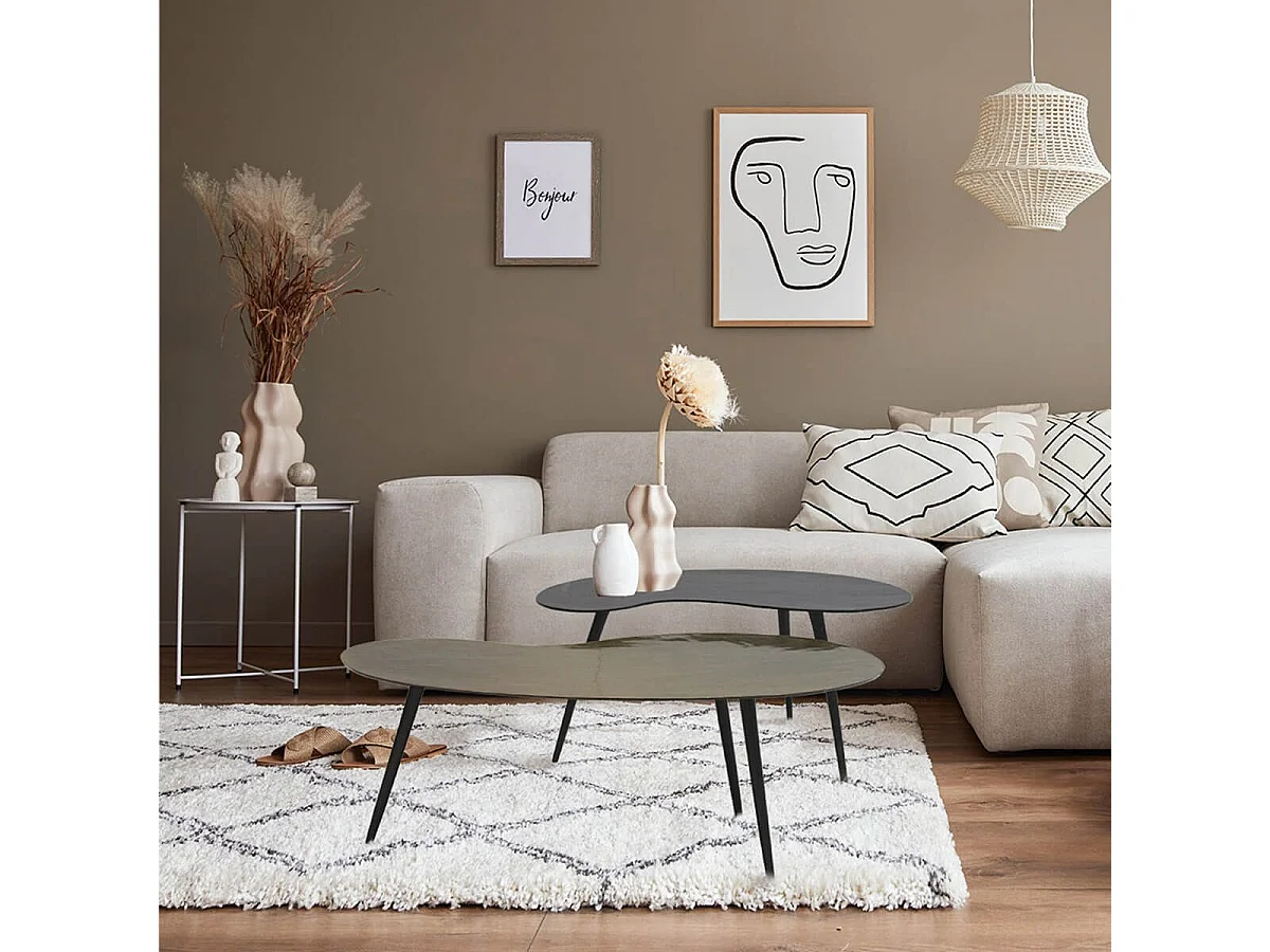 JACK - Lot de 2 Tables Basses Plateau en Aluminium Noir et Doré Pieds en Acier Noir