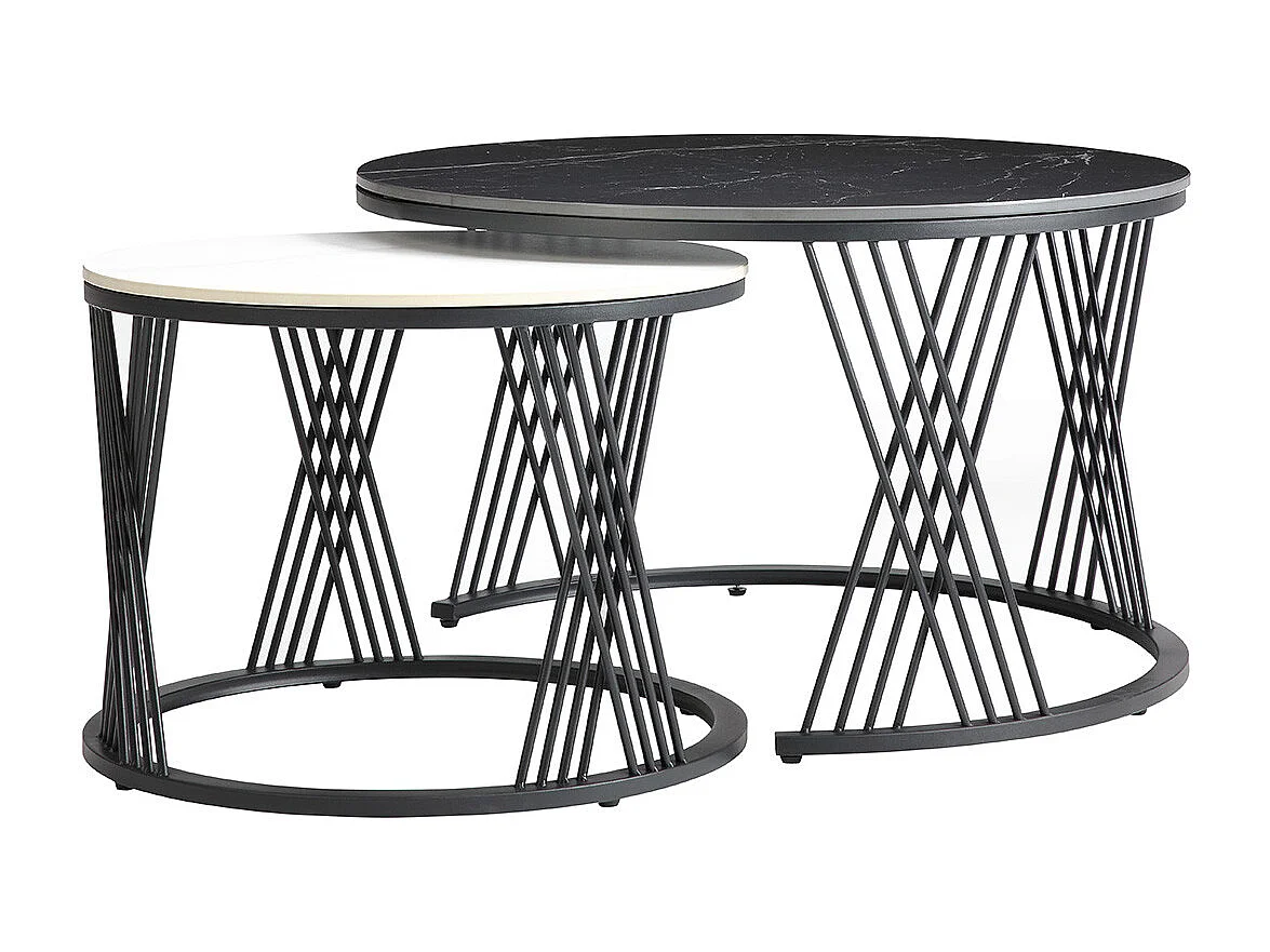 LUZ - Tables Gigogne Plateaux Céramique Marbrés Noir et Blanc Pieds Métal Noir