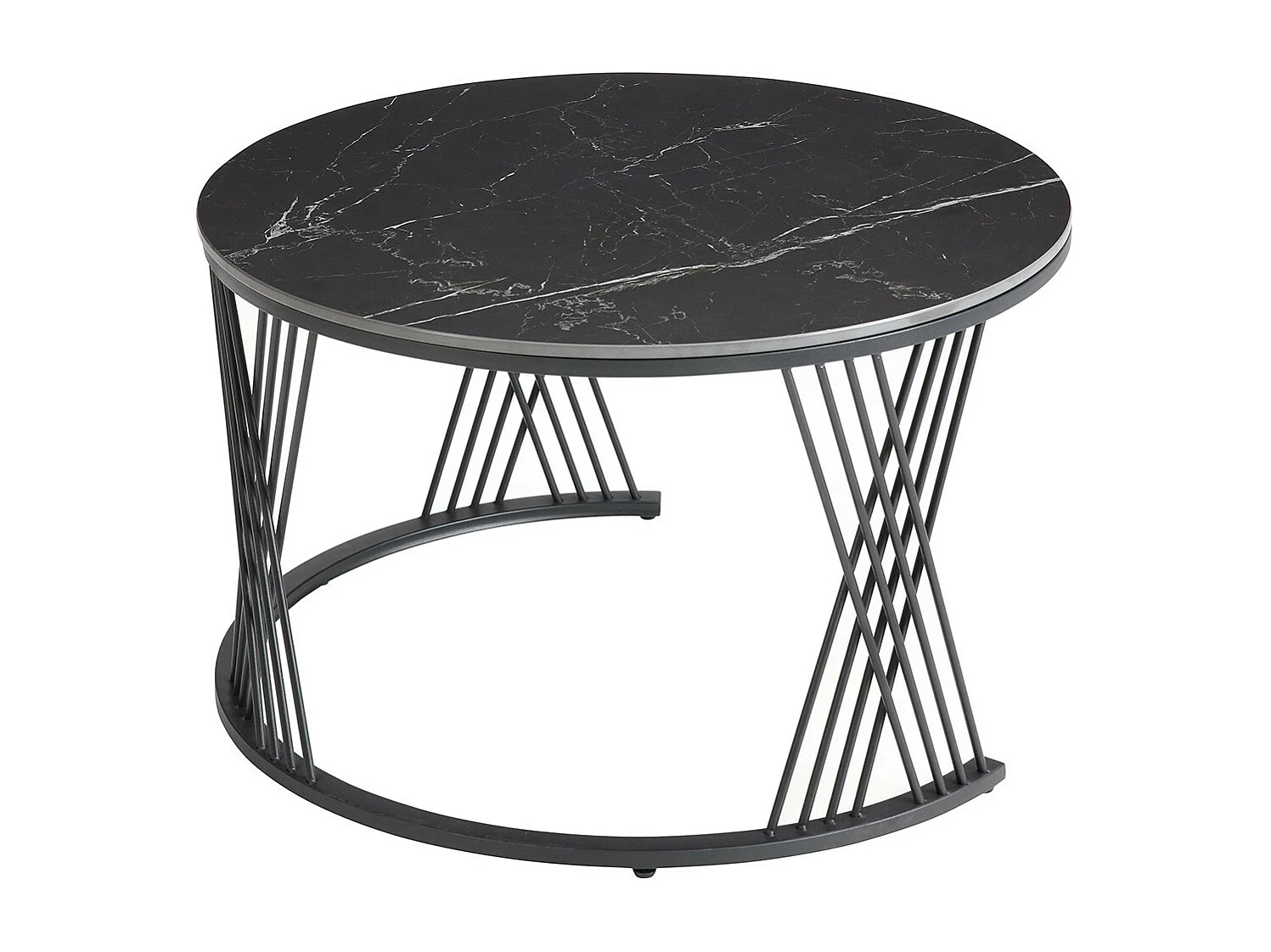 LUZ - Tables Gigogne Plateaux Céramique Marbrés Noir et Blanc Pieds Métal Noir