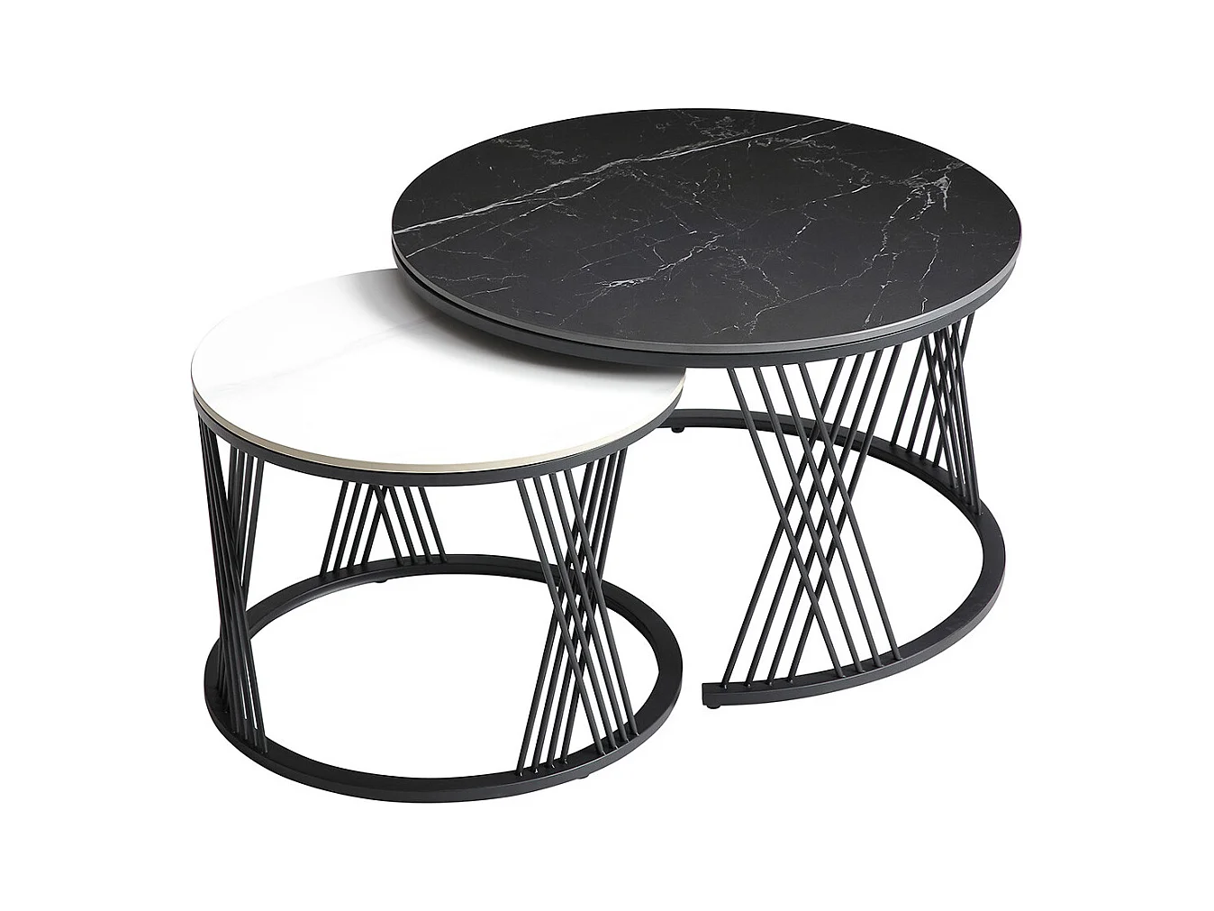 LUZ - Tables Gigogne Plateaux Céramique Marbrés Noir et Blanc Pieds Métal Noir