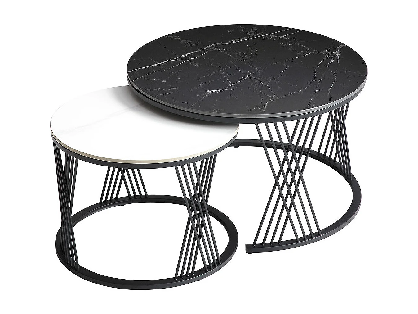 LUZ - Tables Gigogne Plateaux Céramique Marbrés Noir et Blanc Pieds Métal Noir