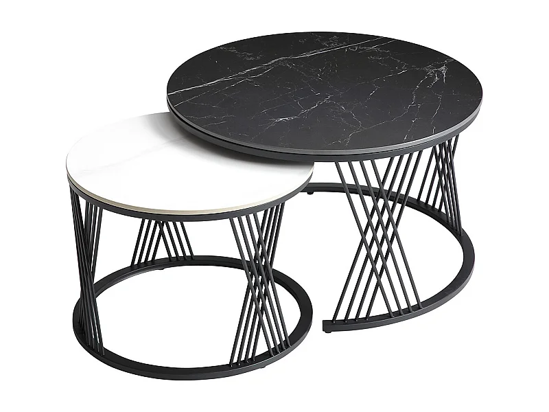 LUZ - Tables Gigogne Plateaux Céramique Marbrés Noir et Blanc Pieds Métal Noir