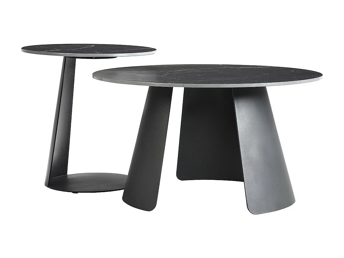 DOMIA - Tables Gigogne Plateaux Céramique Marbré Noir Pieds Métal Noir Mat