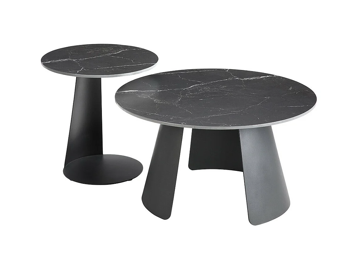 DOMIA - Tables Gigogne Plateaux Céramique Marbré Noir Pieds Métal Noir Mat