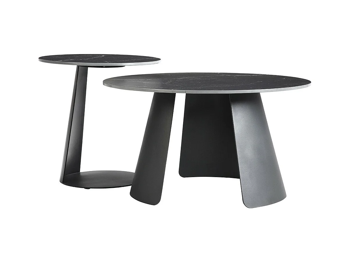DOMIA - Tables Gigogne Plateaux Céramique Marbré Noir Pieds Métal Noir Mat