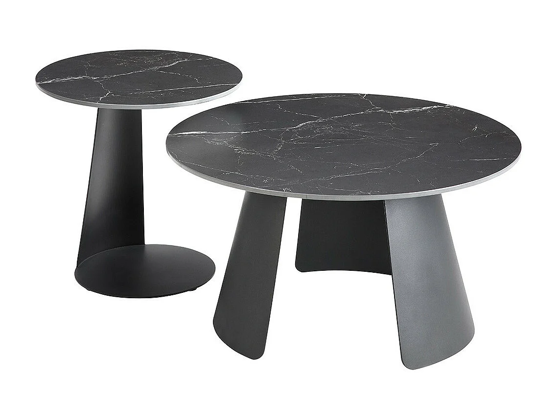 DOMIA - Tables Gigogne Plateaux Céramique Marbré Noir Pieds Métal Noir Mat