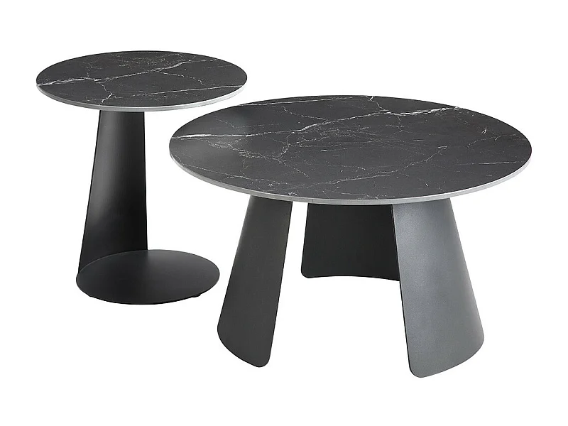DOMIA - Tables Gigogne Plateaux Céramique Marbré Noir Pieds Métal Noir Mat