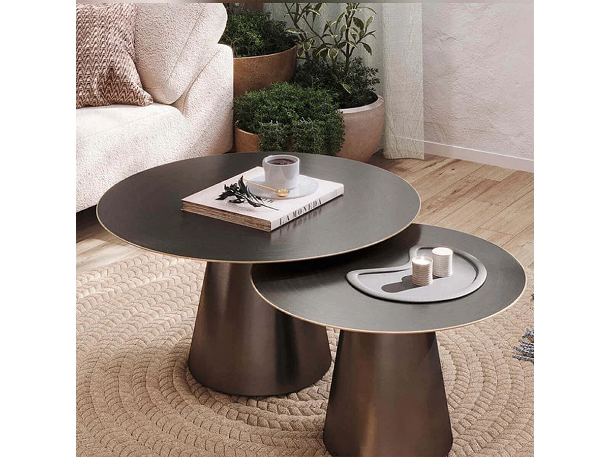 NICKO - Lot de 2 Tables Acier Finition Nickel Antique Bordure Dorée