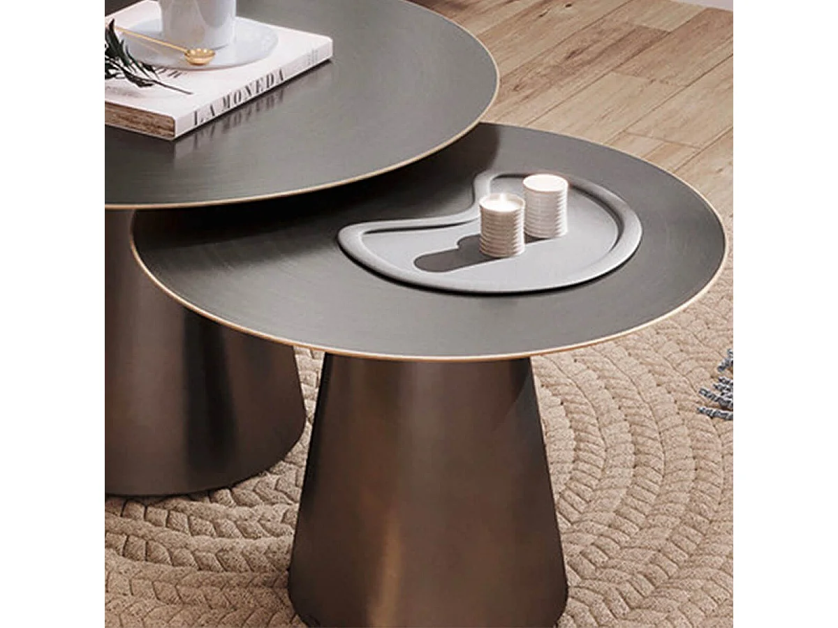 NICKO - Lot de 2 Tables Acier Finition Nickel Antique Bordure Dorée