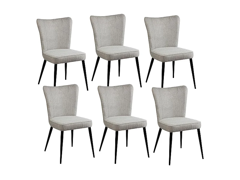 MAURINE - Lot de 6 Chaises Tissu Gris Clair Chiné Pieds Métal Noir Mat