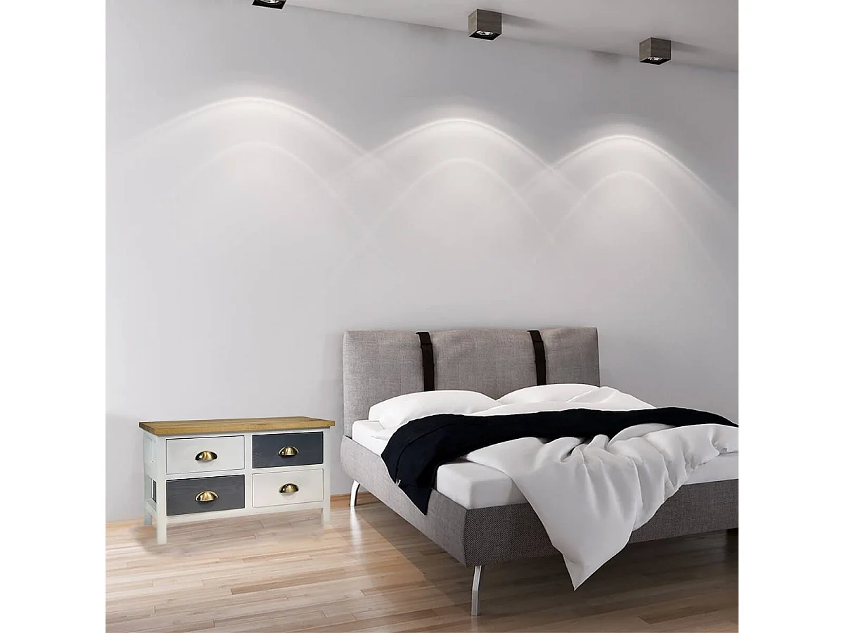 PATTY - Meuble 4 Tiroirs en Pin Teinté Gris et Blanc Plateau Naturel