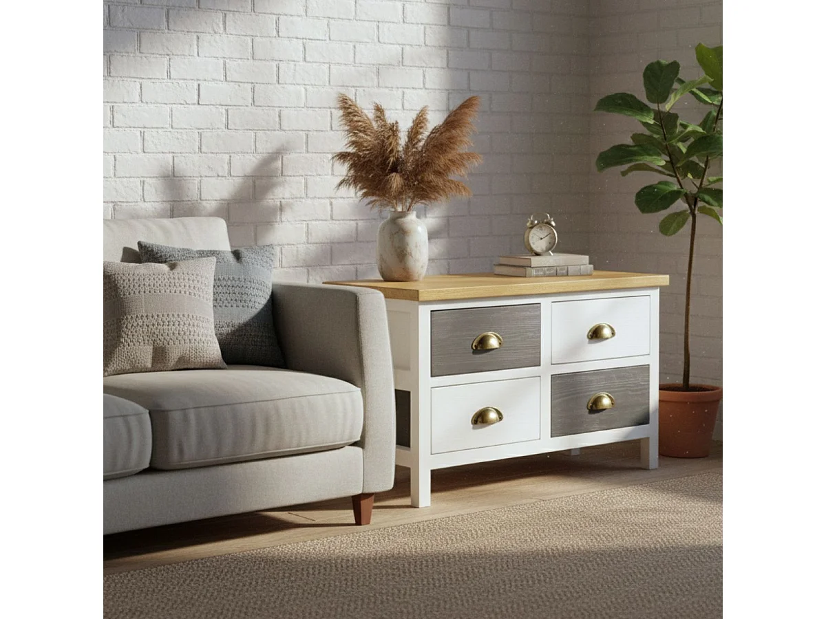 PATTY - Meuble 4 Tiroirs en Pin Teinté Gris et Blanc Plateau Naturel