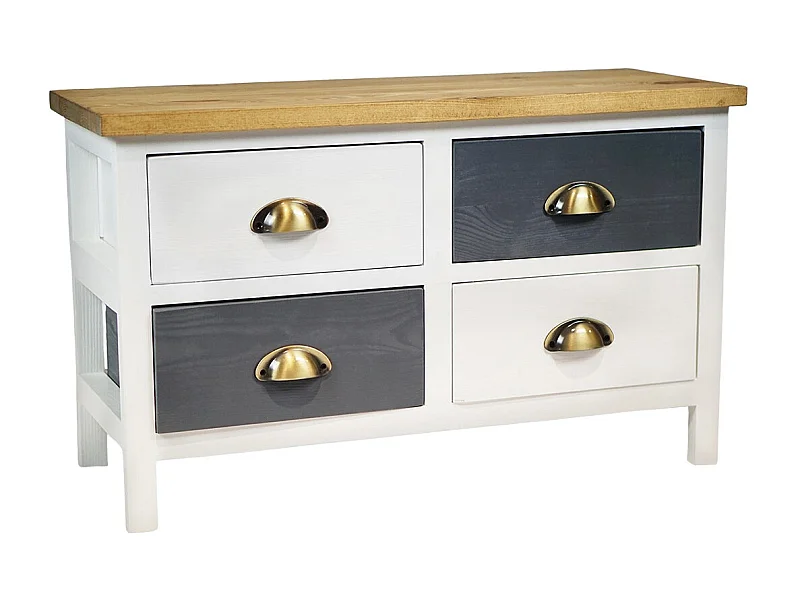 PATTY - Meuble 4 Tiroirs en Pin Teinté Gris et Blanc Plateau Naturel