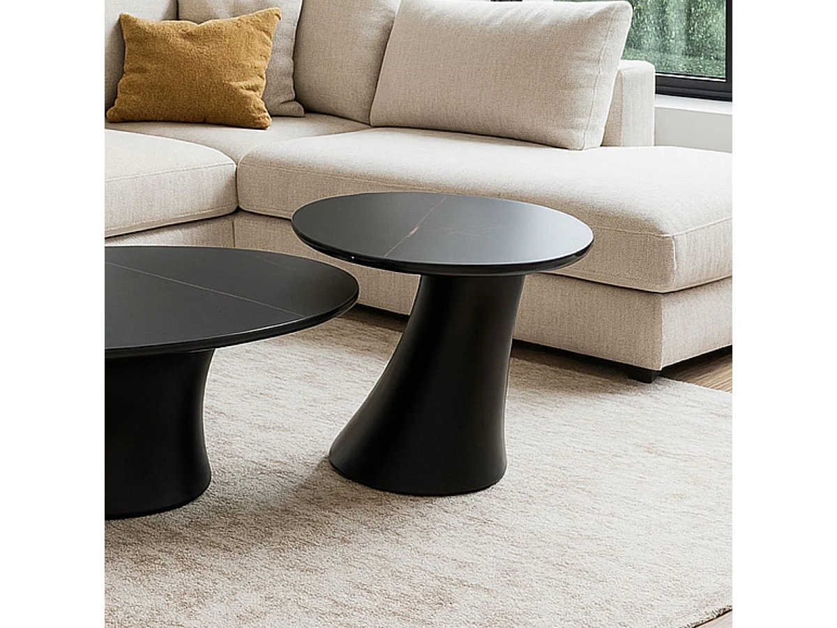 MAALA - Bout de Canapé Noir Plateau Céramique Marbré Pied en ABS