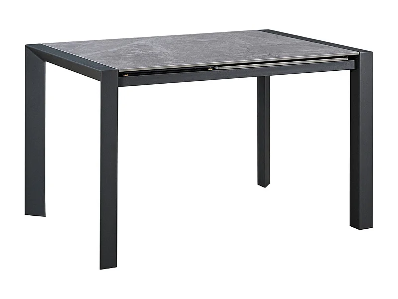 MELIA - Table Repas Allongeable Plateau Céramique Marbré Gris Pieds Métal Gris