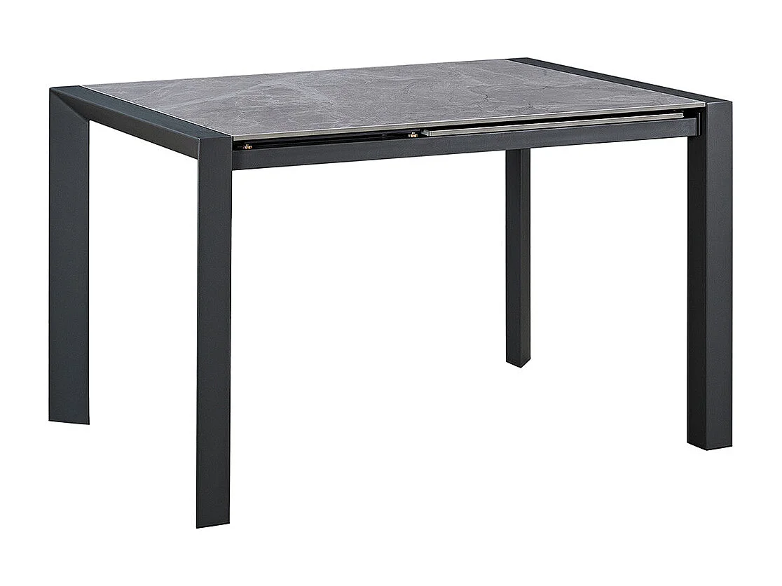 MELIA - Table Repas Allongeable Plateau Céramique Marbré Gris Pieds Métal Gris