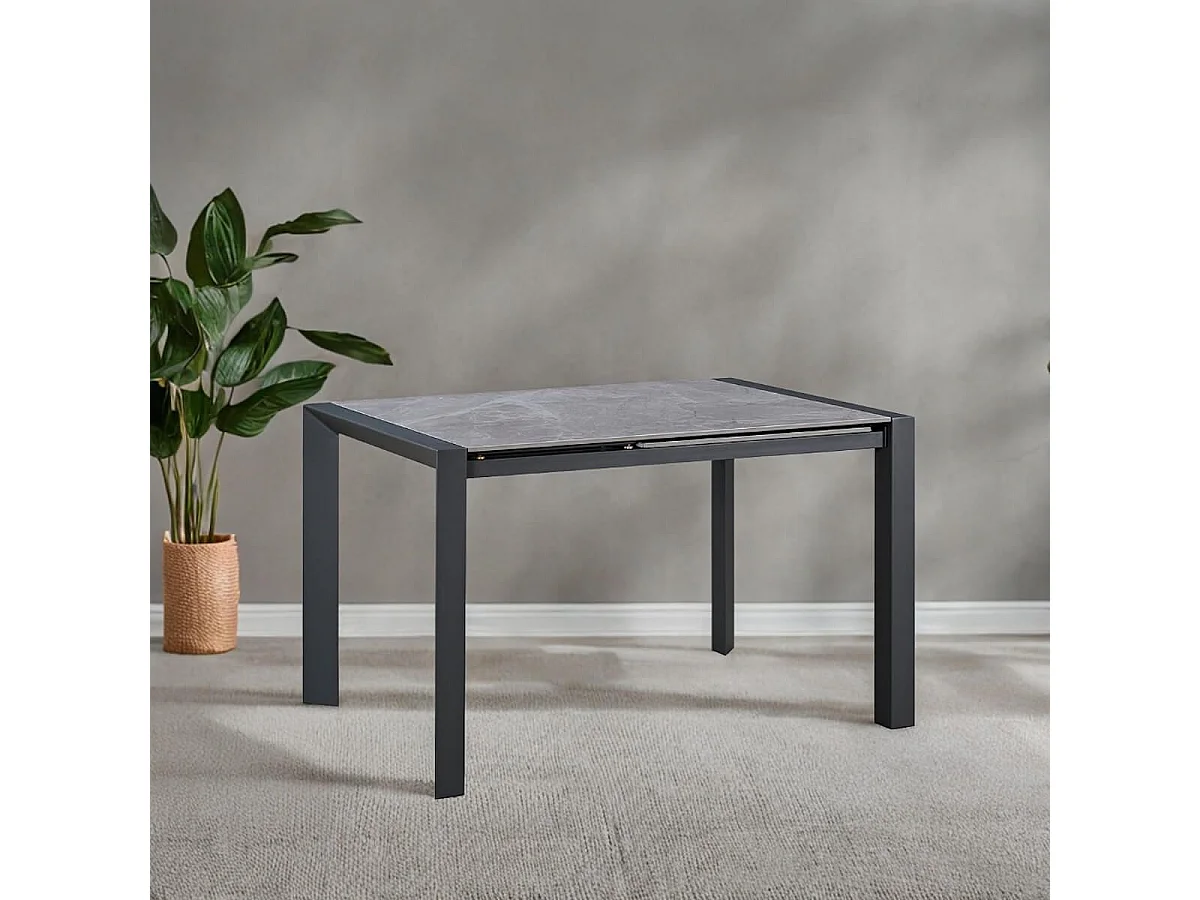 MELIA - Table Repas Allongeable Plateau Céramique Marbré Gris Pieds Métal Gris