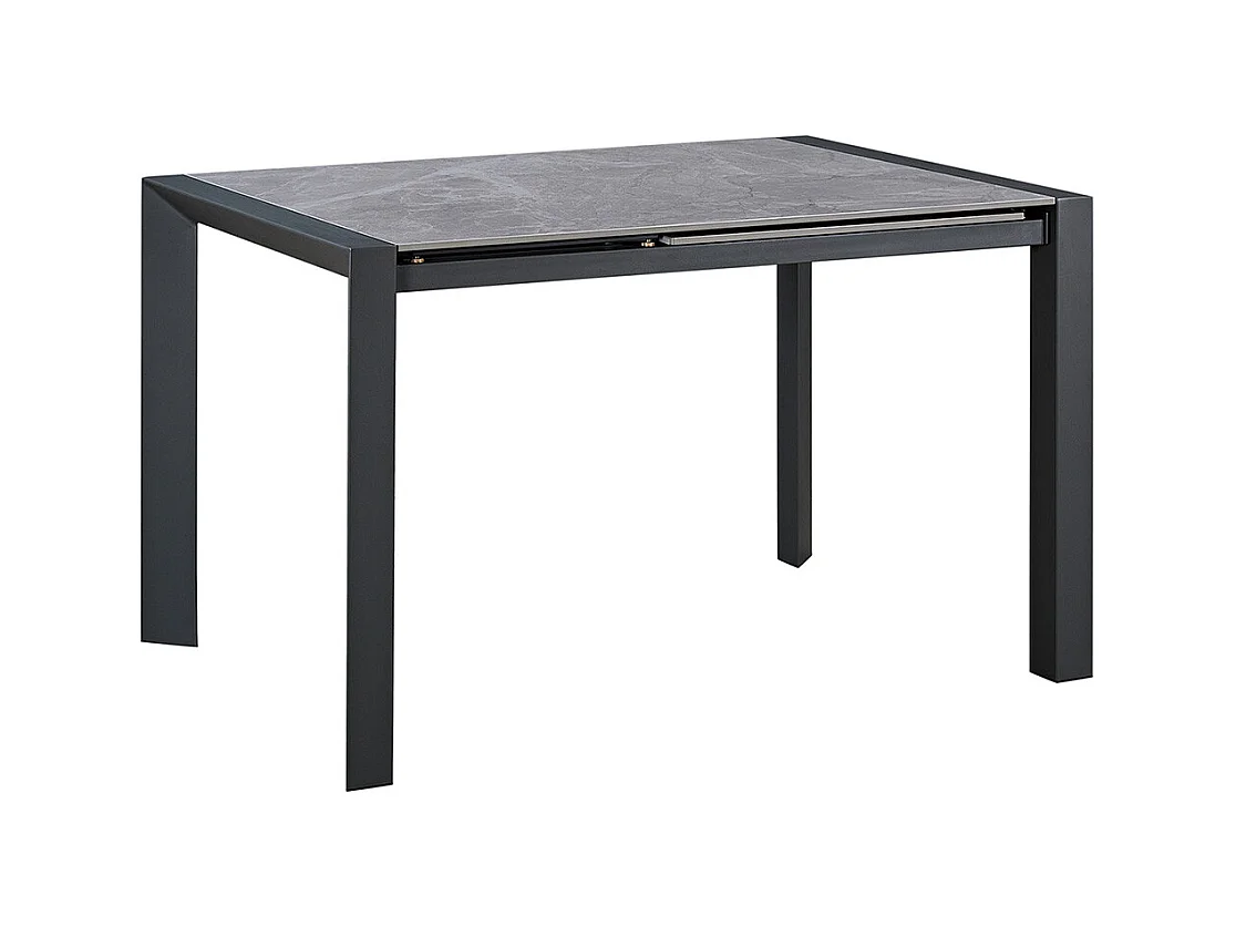 MELIA - Table Repas Allongeable Plateau Céramique Marbré Gris Pieds Métal Gris