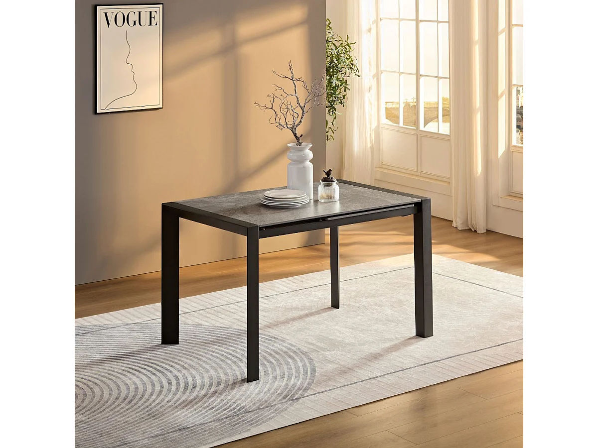 MELIA - Table Repas Allongeable Plateau Céramique Marbré Gris Pieds Métal Gris