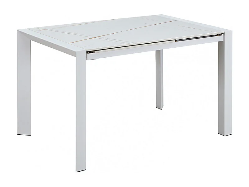 MELIA - Table Repas Allongeable Plateau Céramique Marbré Blanc Pieds Métal Blanc