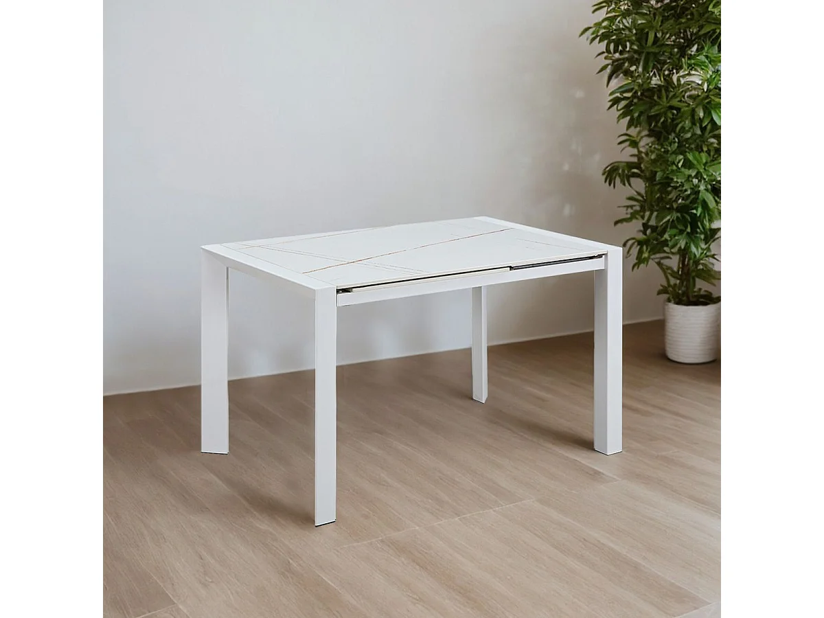 MELIA - Table Repas Allongeable Plateau Céramique Marbré Blanc Pieds Métal Blanc