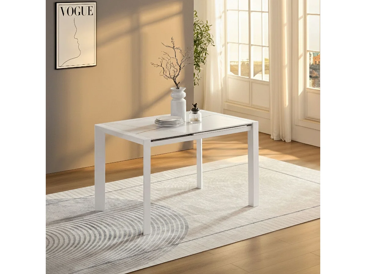 MELIA - Table Repas Allongeable Plateau Céramique Marbré Blanc Pieds Métal Blanc