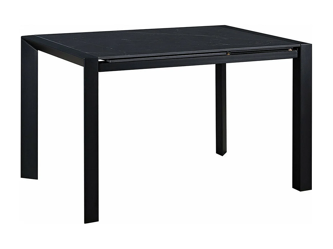 MELIA - Table Repas Allongeable Plateau Céramique Marbré Noir Pieds Métal Gris