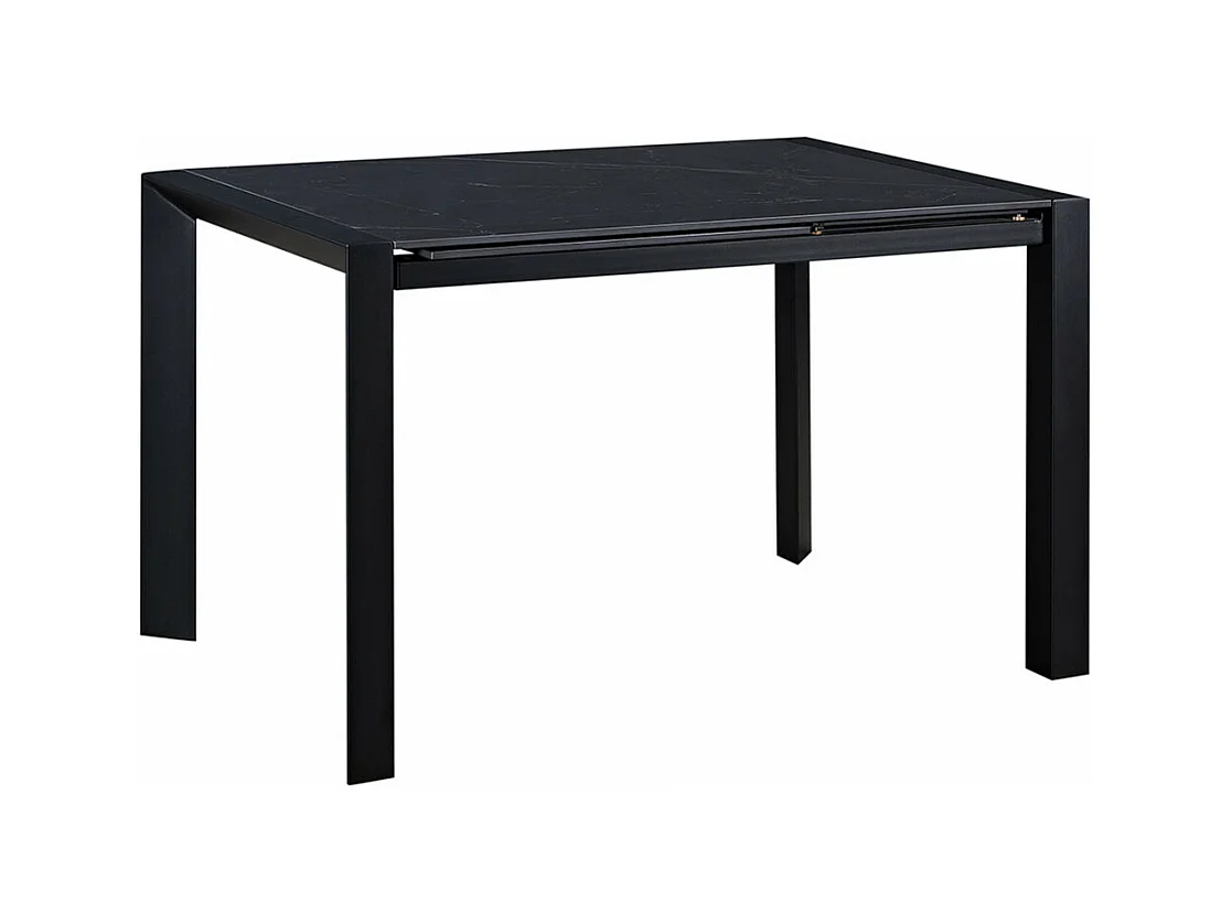 MELIA - Table Repas Allongeable Plateau Céramique Marbré Noir Pieds Métal Gris
