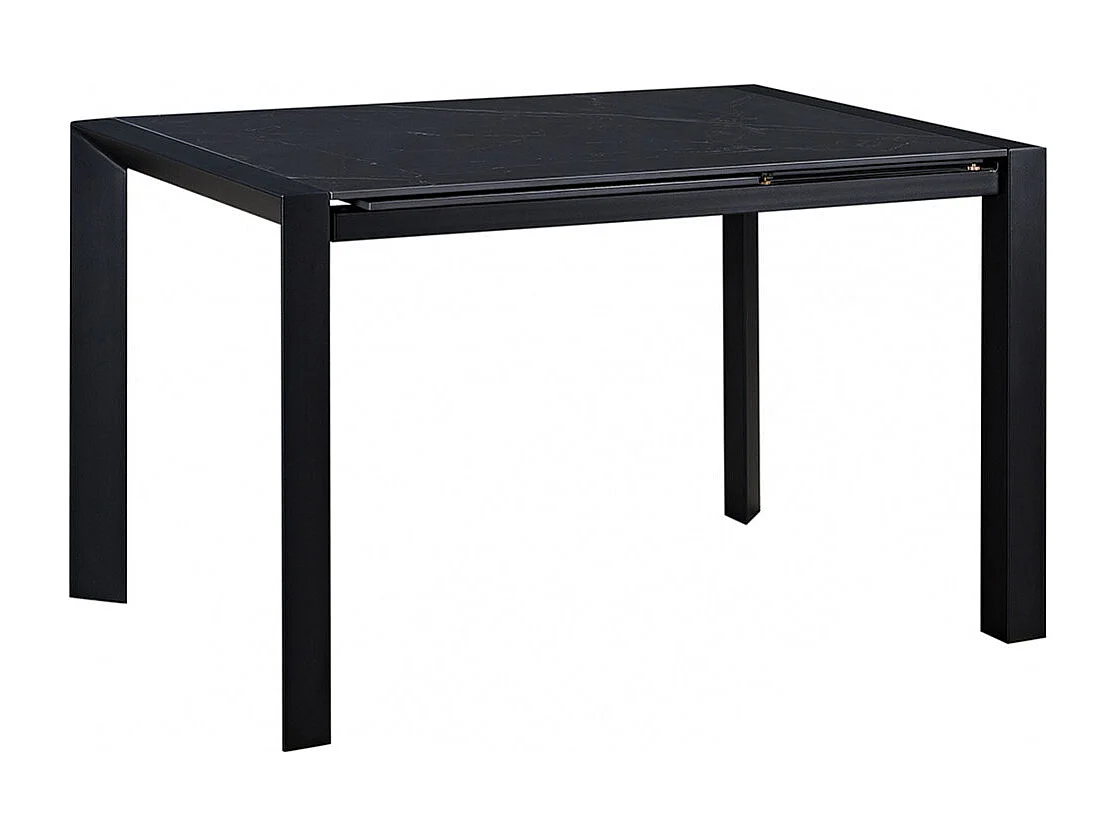 MELIA - Table Repas Allongeable Plateau Céramique Marbré Noir Pieds Métal Gris