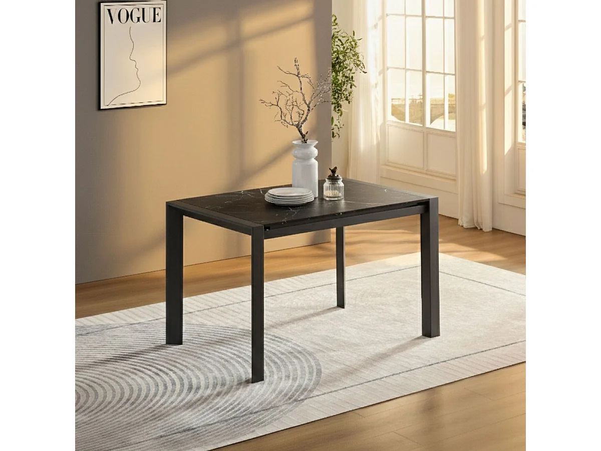 MELIA - Table Repas Allongeable Plateau Céramique Marbré Noir Pieds Métal Gris