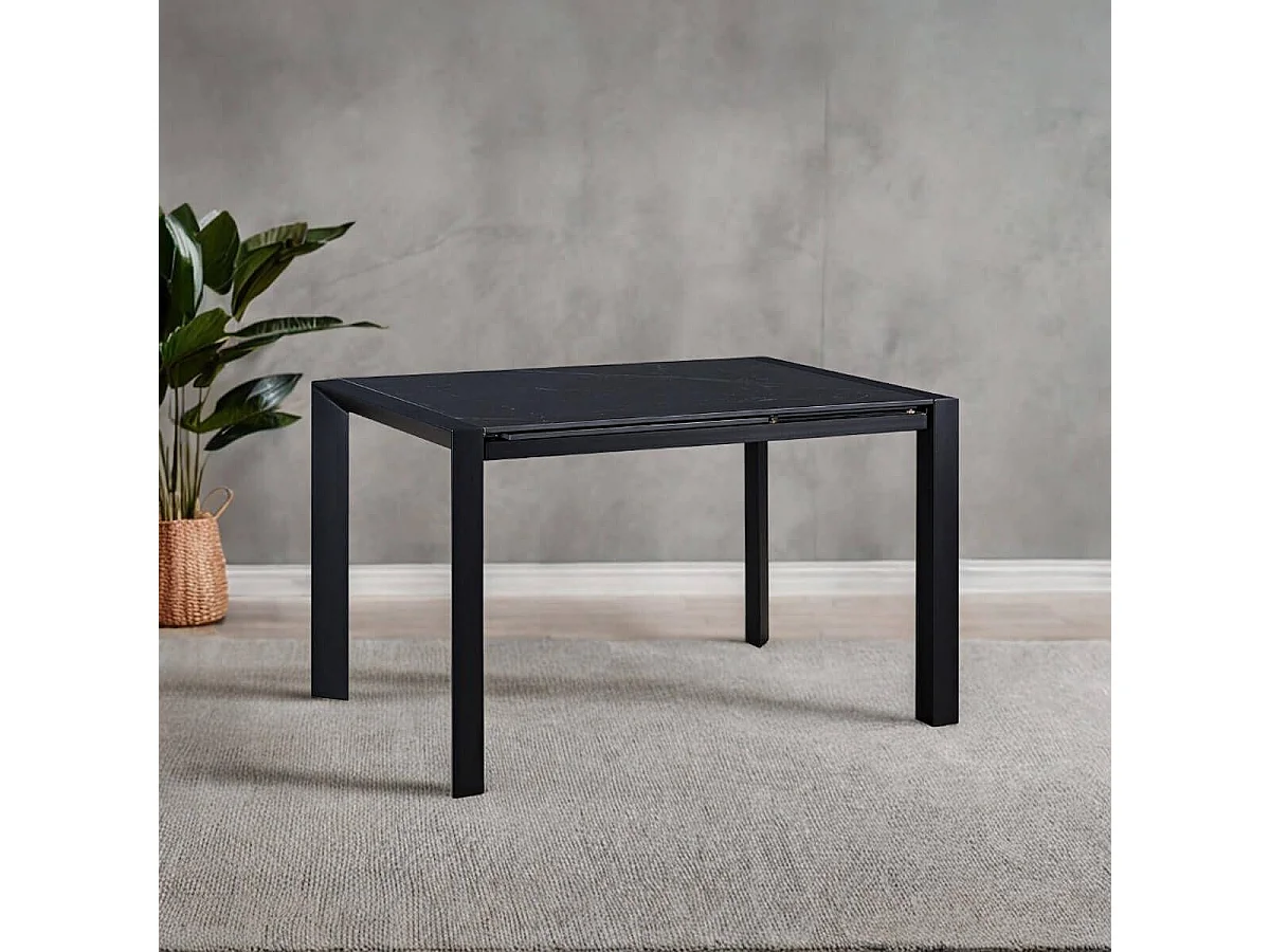 MELIA - Table Repas Allongeable Plateau Céramique Marbré Noir Pieds Métal Gris